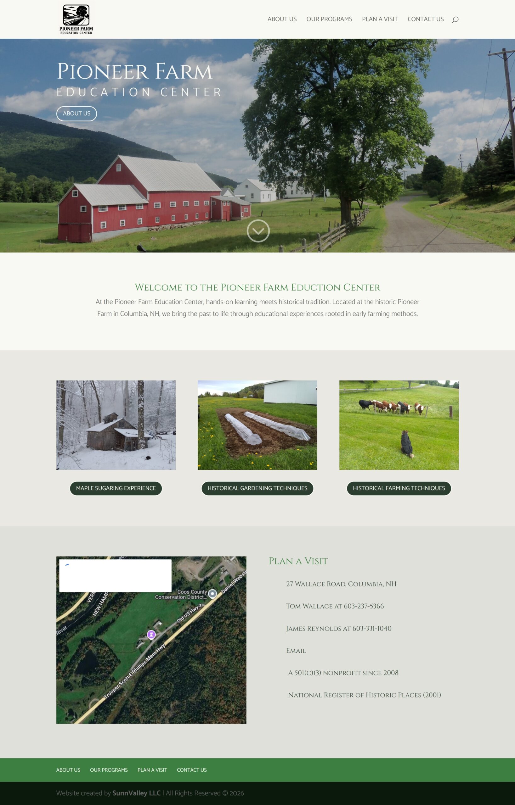 Pioneer Farm Education Center website design by SunnValley LLC, Columbia, NH